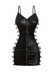 Women's Solid Color Party Slip Dress with Hollow Out Design and Spaghetti Straps