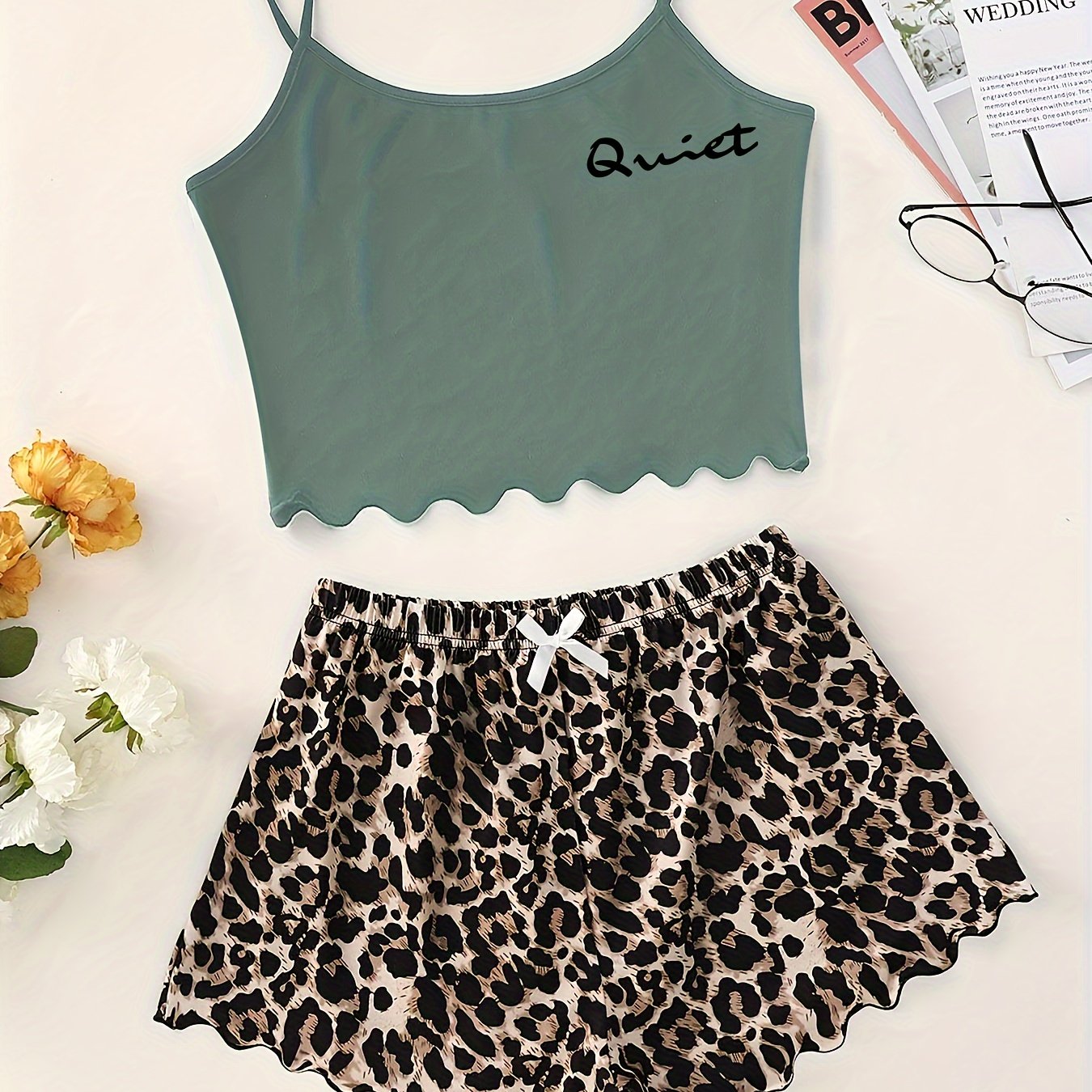 Пижама с леопардовым принтом для женщин с топом-короче с рюшей и шортами, летняя ночная одежда