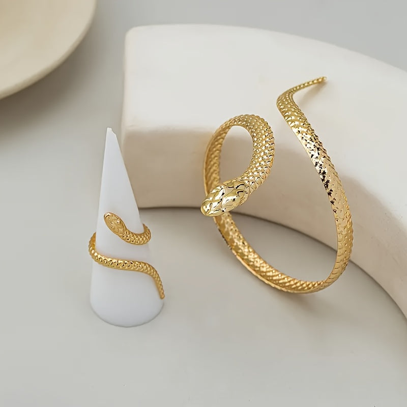 Винтажный панк браслет и кольцо в форме змеи, закрученный открытый браслет, стиль хип-хоп ретро, идеален для повседневной носки и вечеринок, материал - железо