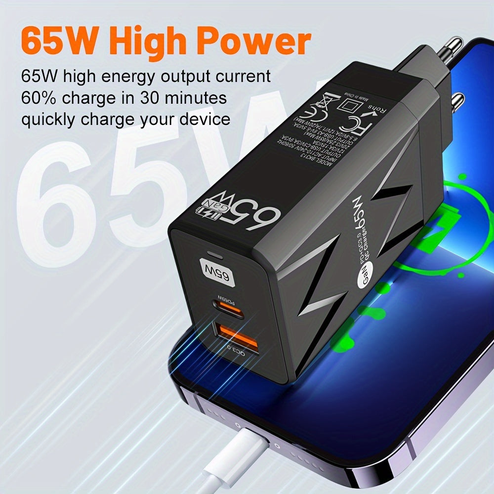 65W PD and 20W USB GaN Wall Charger EU Plug Fast Charging Portable Travel Power Adapter