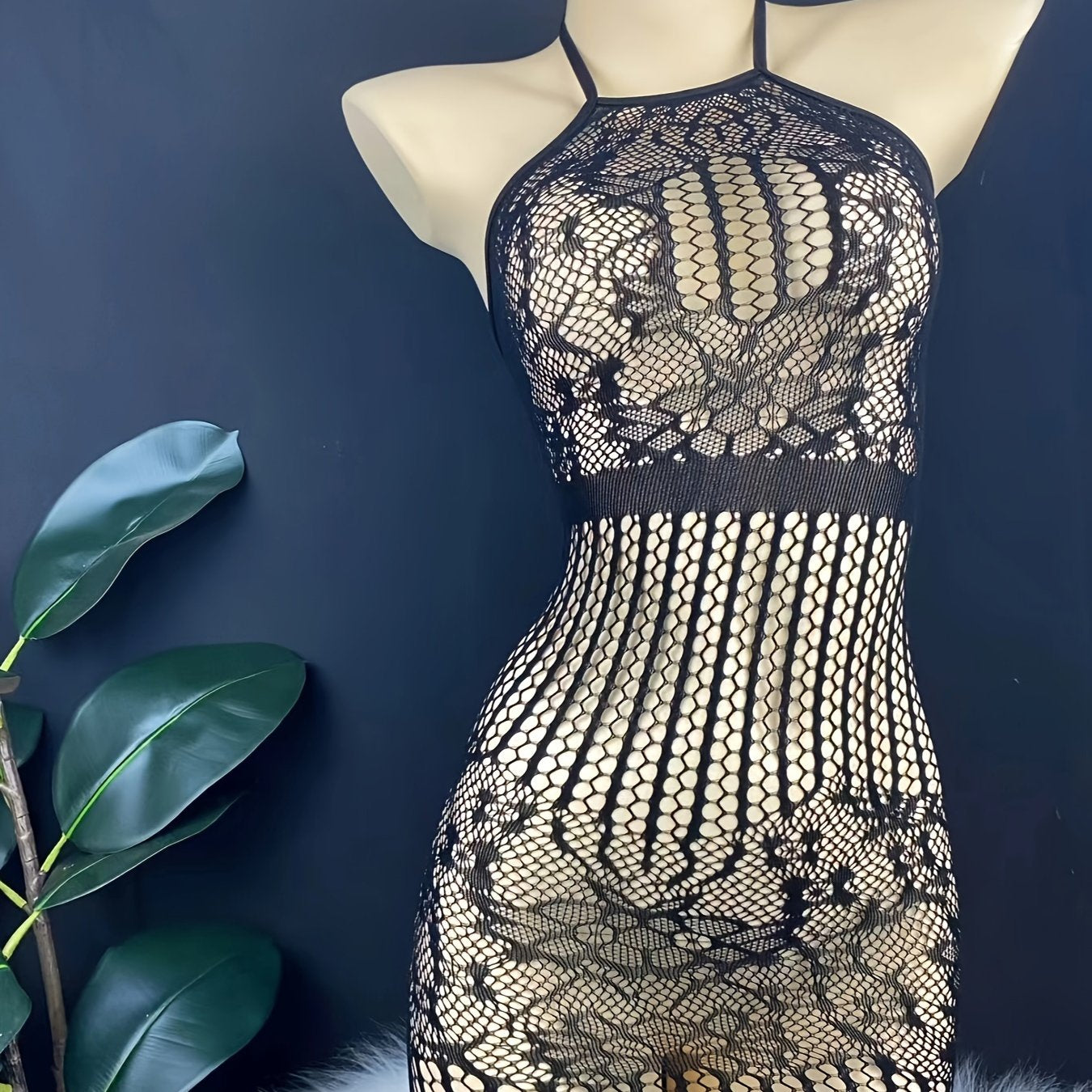 Women’s Lace Mesh Backless Bodysuit with Halter Neck and Nylon Elastane Fabric