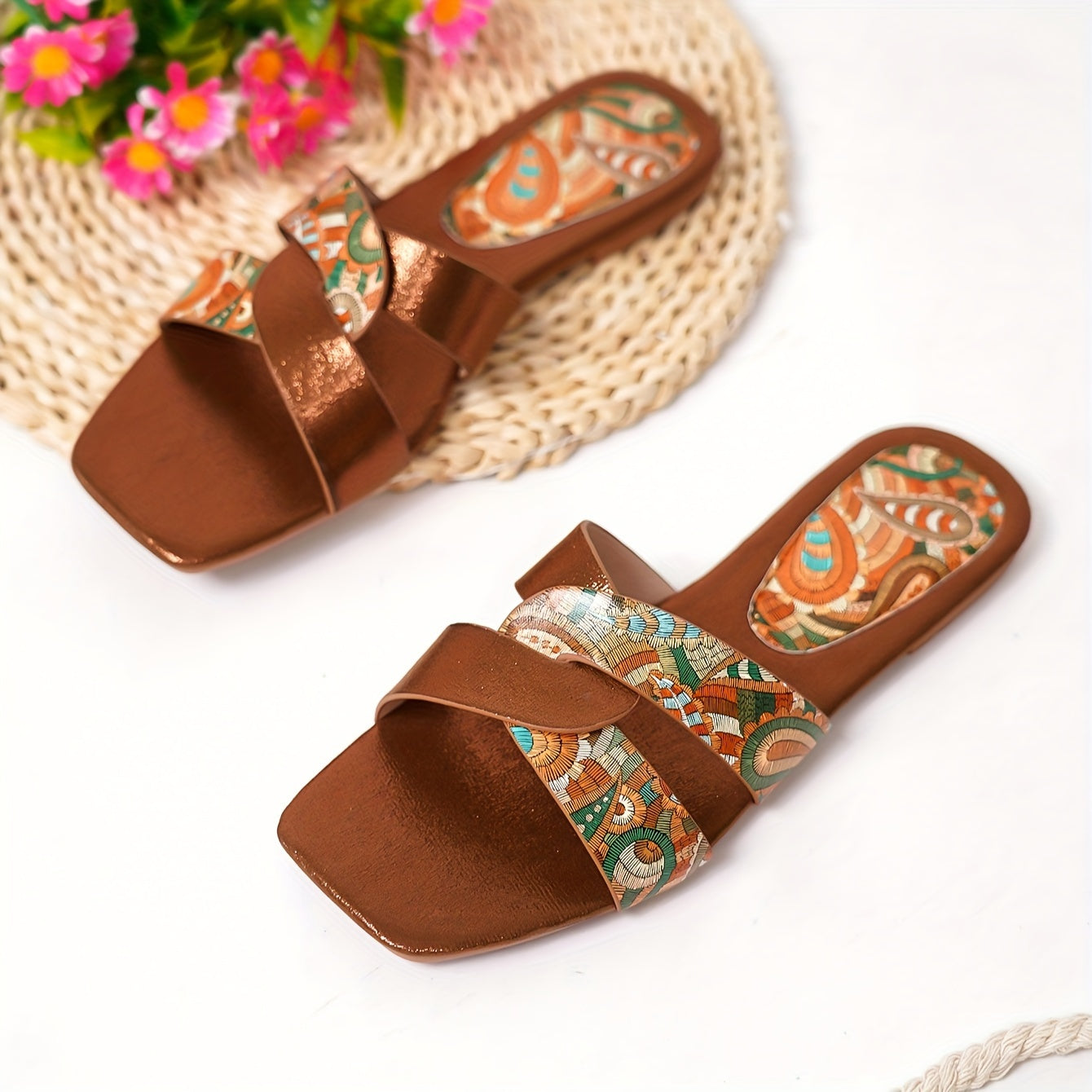 Women's Paisley Pattern Flat Slides with Square Toe Casual Outdoor Beach Sandals