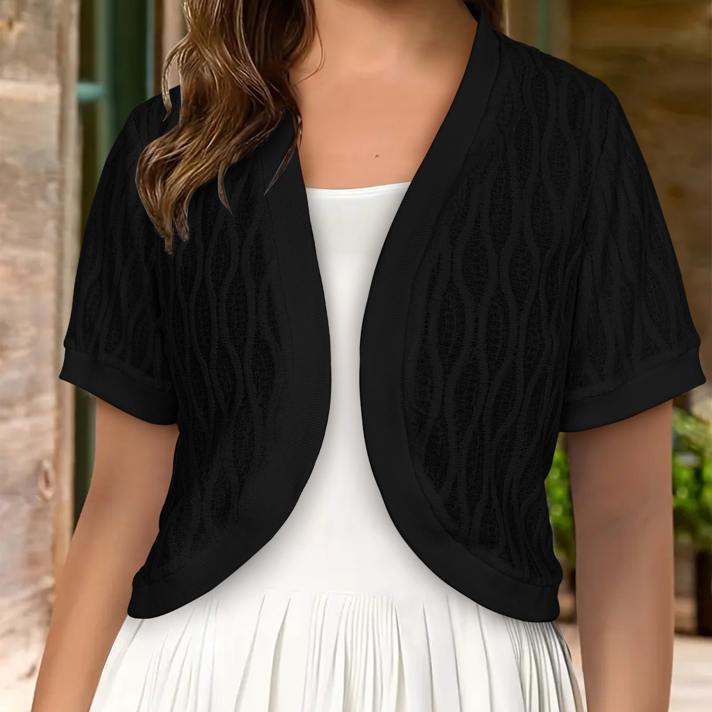 Women's Plus Size Ribbed Short Sleeve Elegant Cardigan
