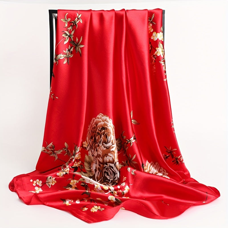 Women's Satin Flower Print Square Scarf 89.99cm Sun Protection Windproof Shawl