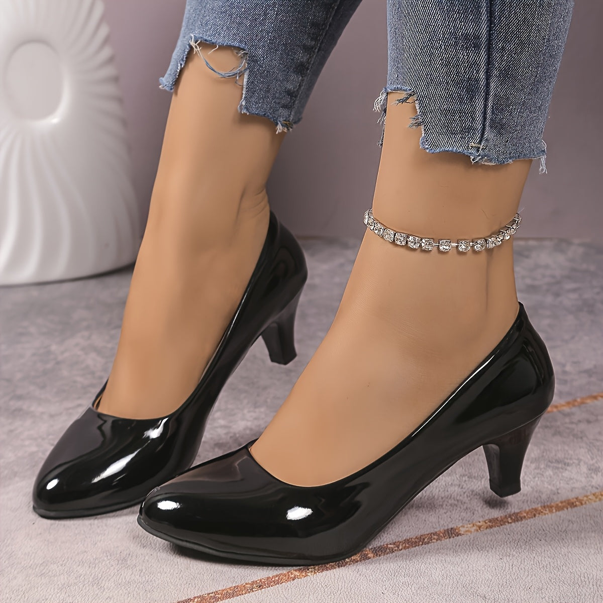 Women's Black Pointed Toe High Heel Pumps with Ankle Strap