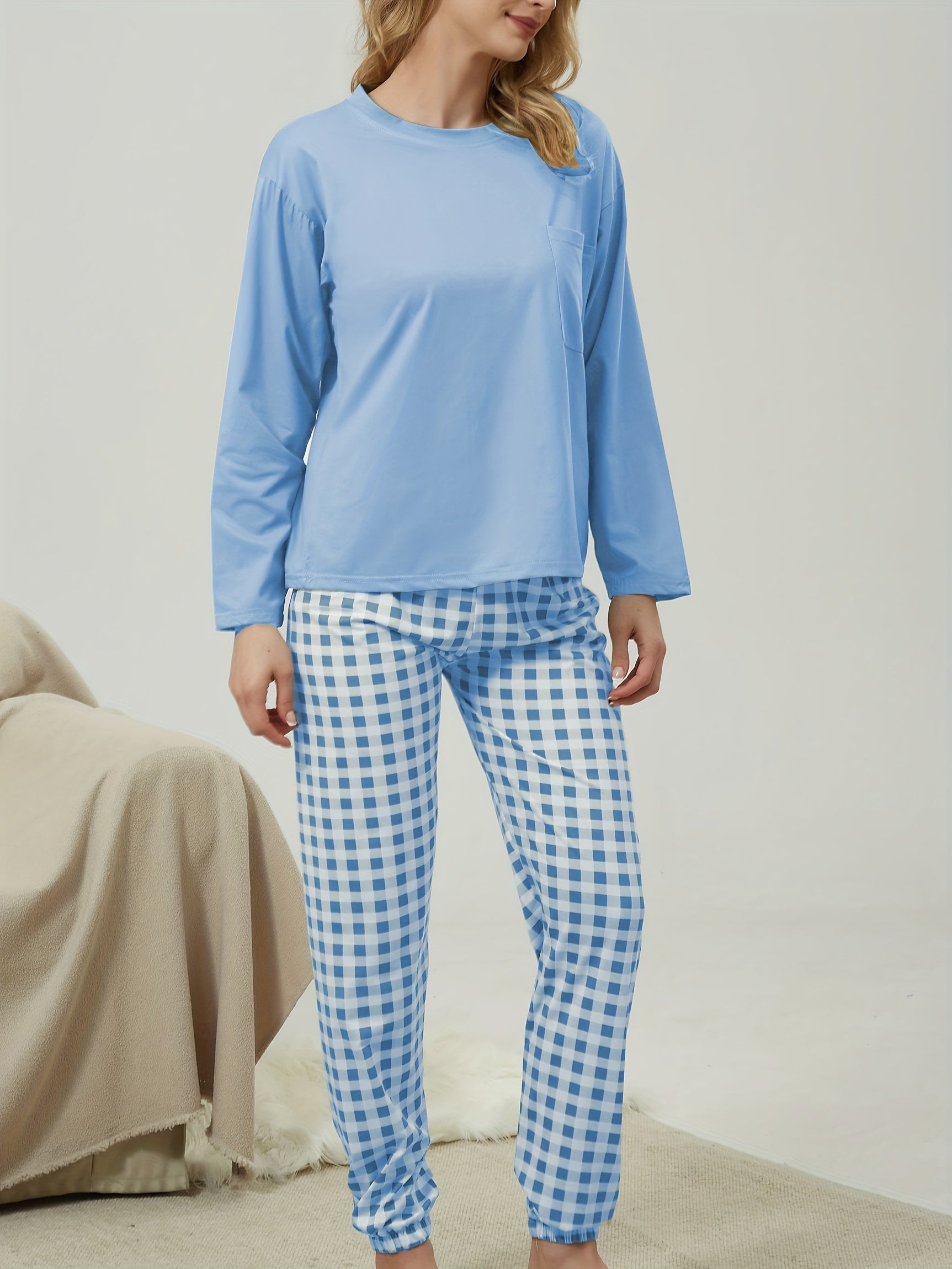 Women's Plaid Print Pajama Set with Crew Neck Top and Long Pants for Lounging