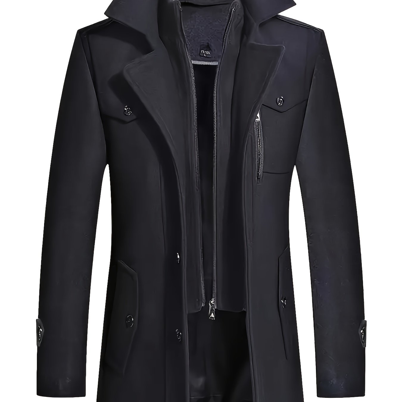 1 dona Erkaklar uchun Katta O'lchamdagi Tweed Qora Yalpiz Palto, Ikki Qopqoq, Bir xil Rang, Tugma va Cho'ntak Tafsilotlari, Kuz/Qish uchun Tor Fit