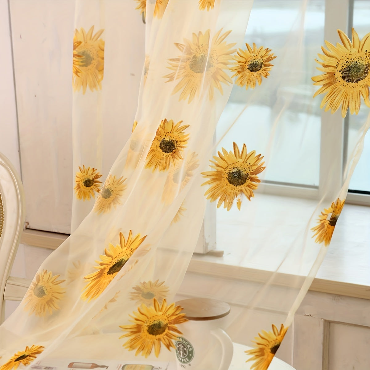 Sunflower Printed Sheer Curtain with Flower Design for Bedroom Living Room Office