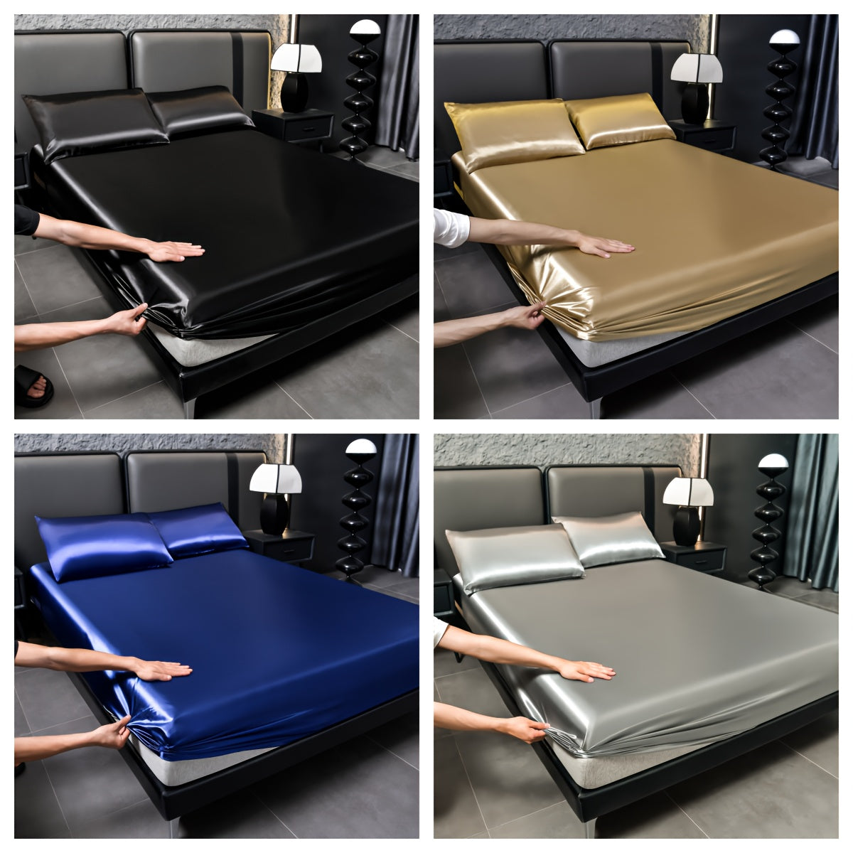 Juego de sábanas de satén de 4 piezas, reversible, transpirable, antideslizante, de color sólido para dormitorio, invitados, hotel