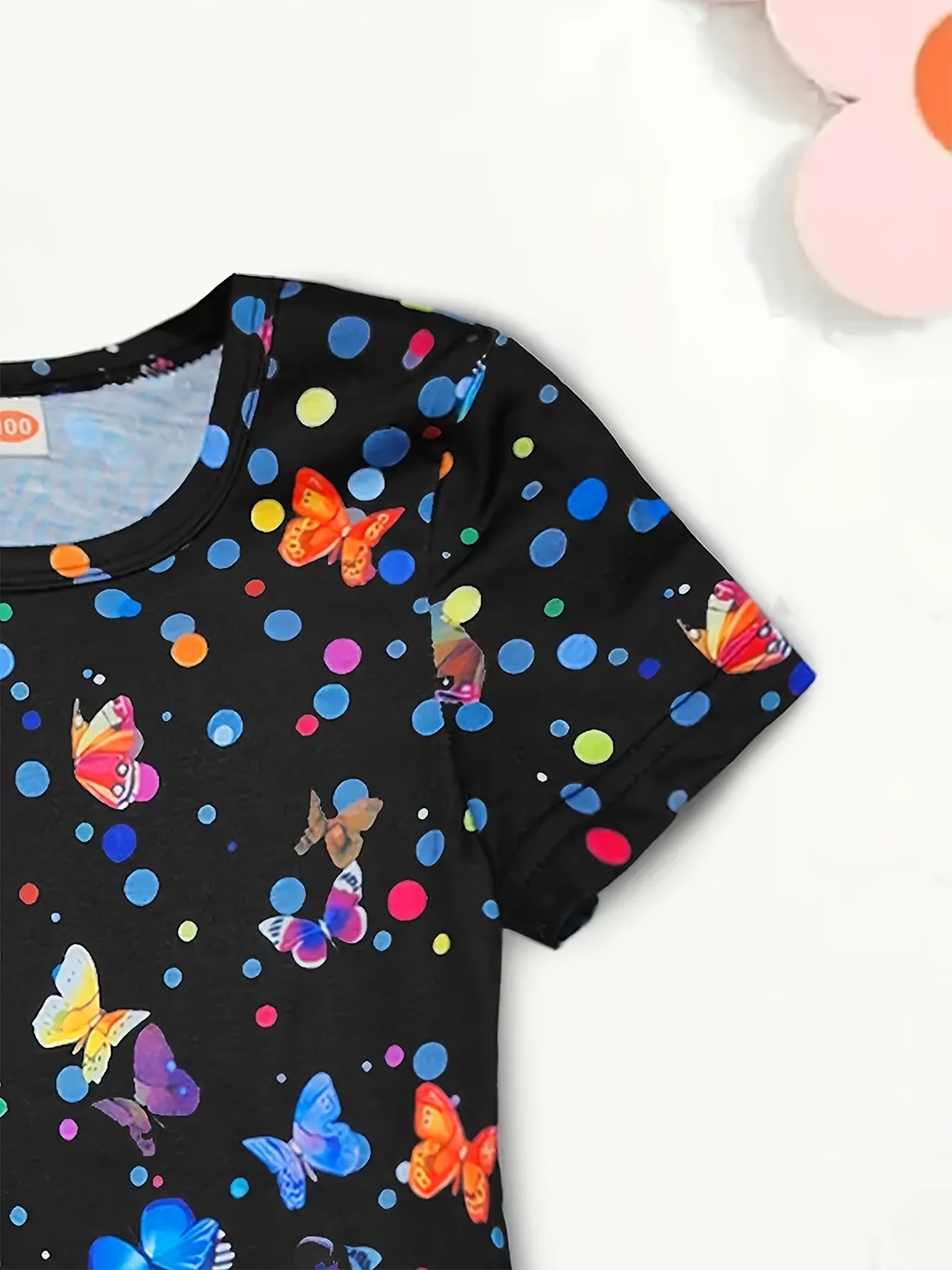 Girls' Midi Dress with Butterfly Print Short Sleeve Casual Summer Clothing