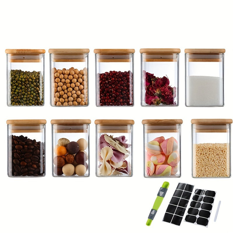10-Piece Square Glass Spice Jars Set with Airtight Bamboo Lids and Measuring Spoons