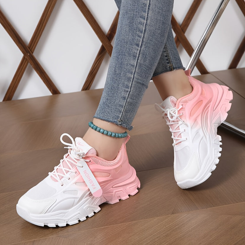 Women's Gradient Chunky Sneakers Low Top Lace-Up Running Shoes All-Season
