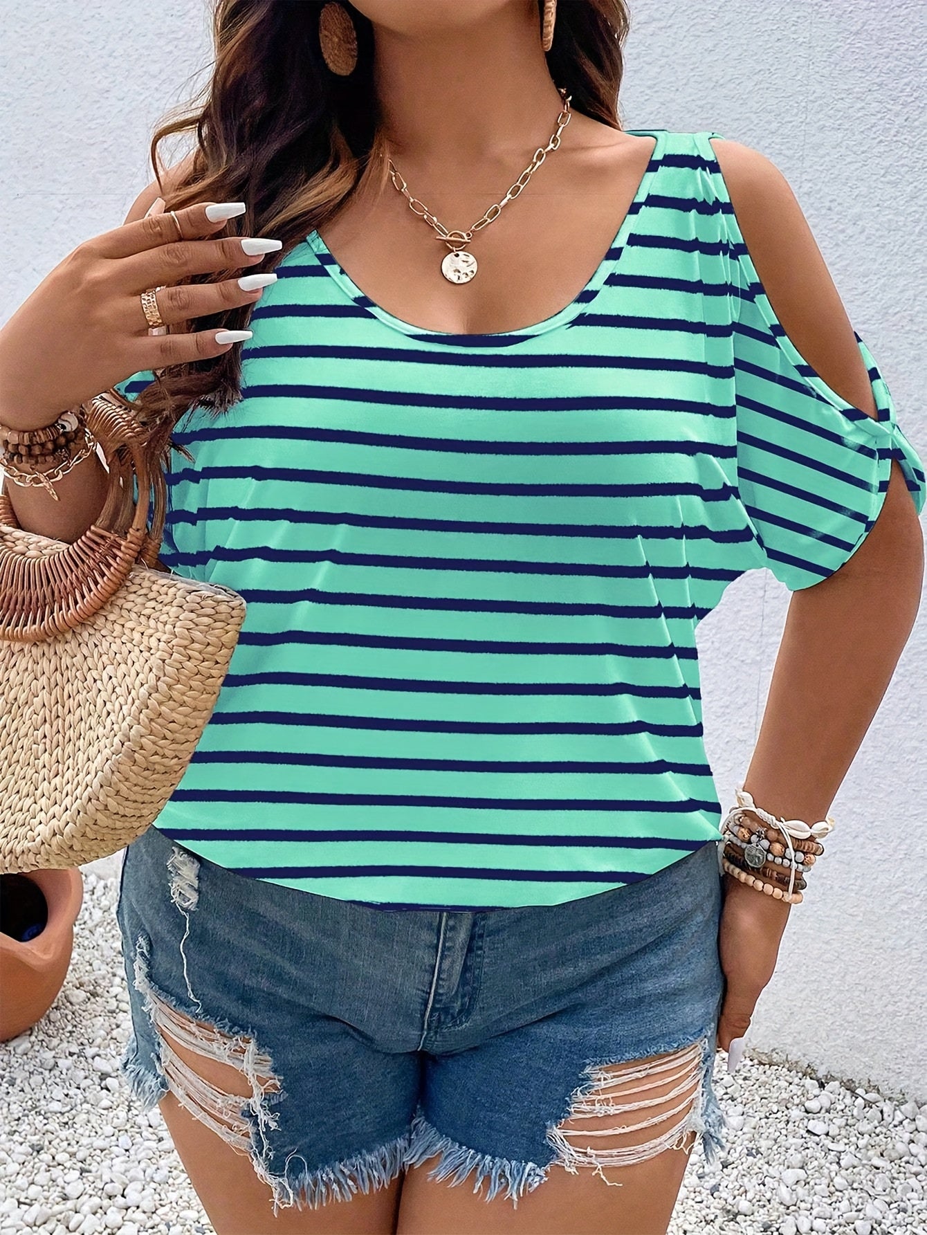 Plus Size Women's Off-Shoulder Striped Casual T-Shirt
