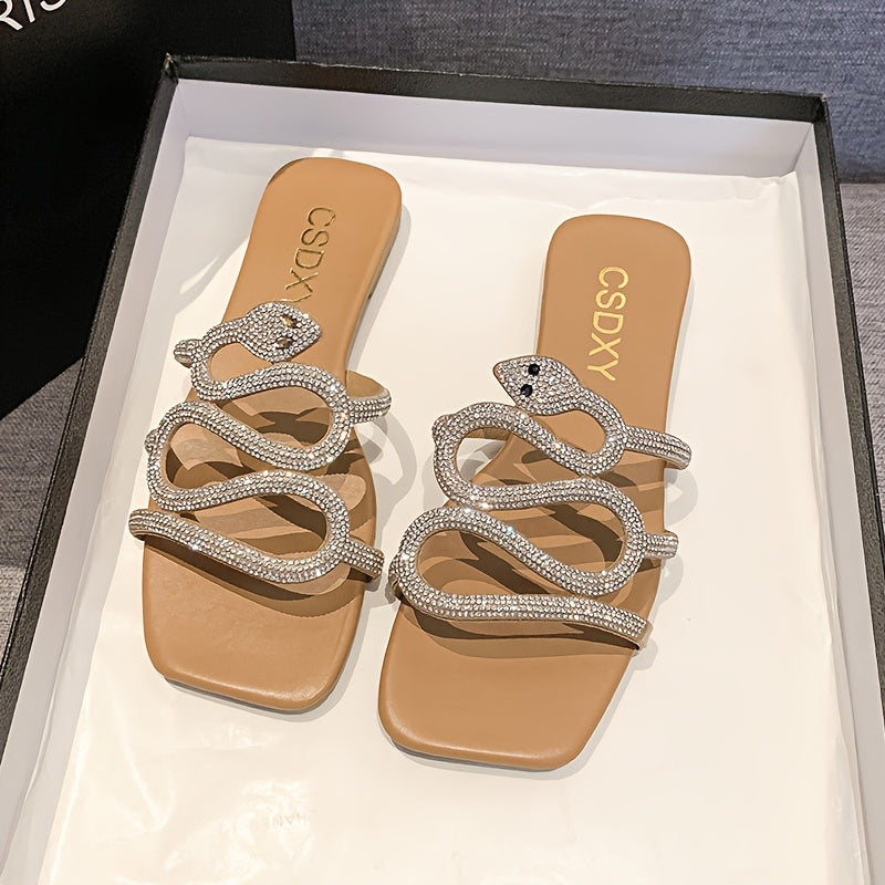 Женские шлепанцы с змеиной текстурой и стразами, открытые носки, плоская подошва, пляжная обувь