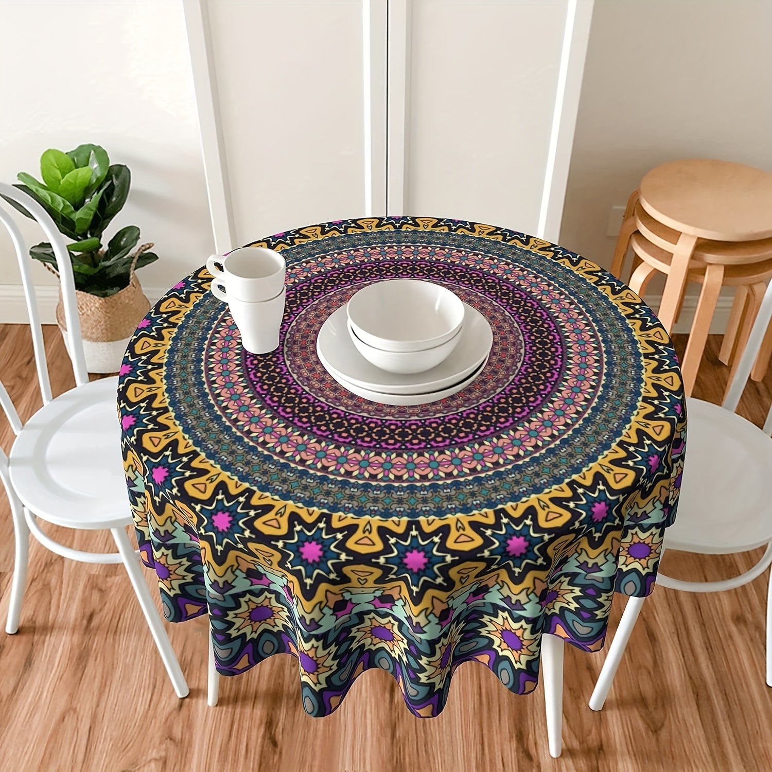 Mantel redondo impermeable de poliéster bohemio con mandala para cocina, comedor y uso exterior