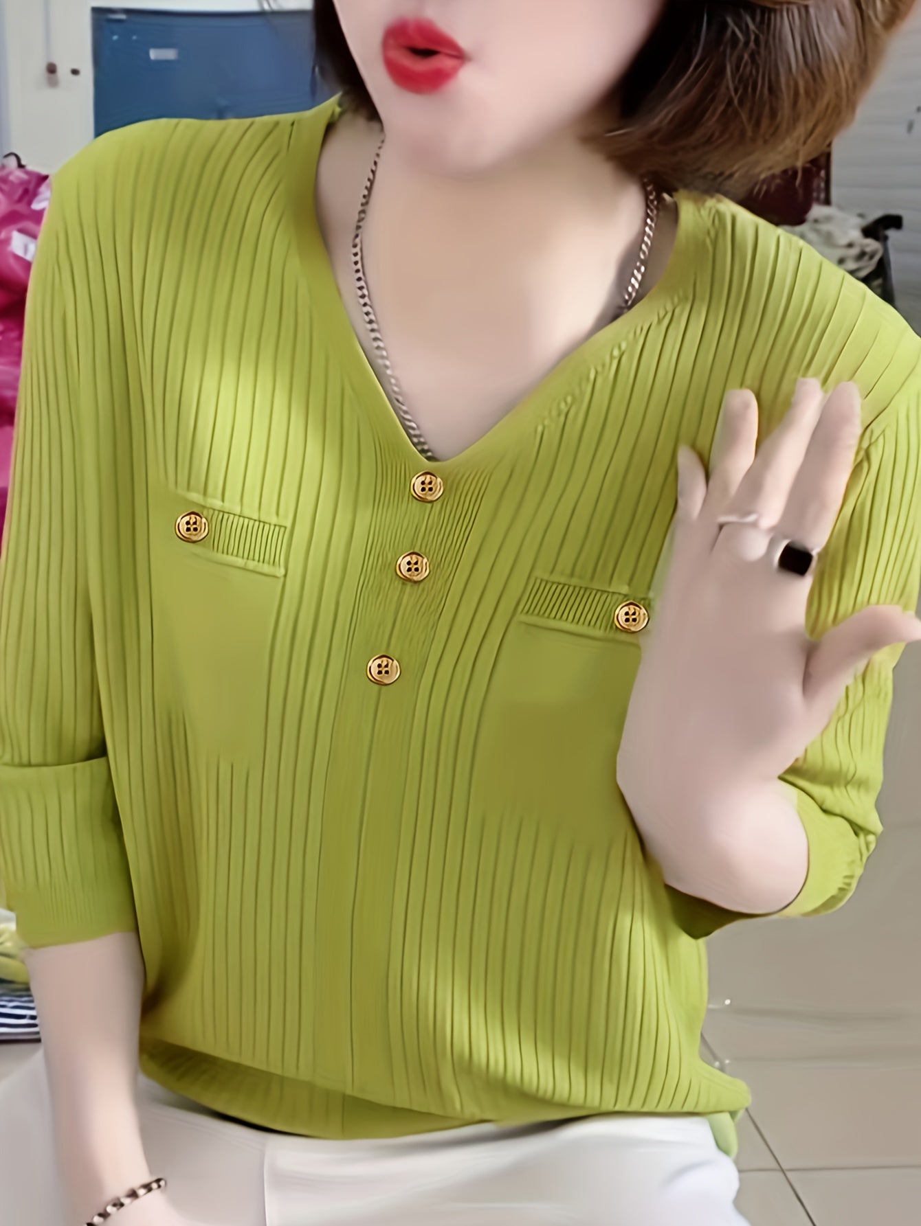 Knitted Top Women Short Sleeve V-Neck Loose Fit Solid Color Casual