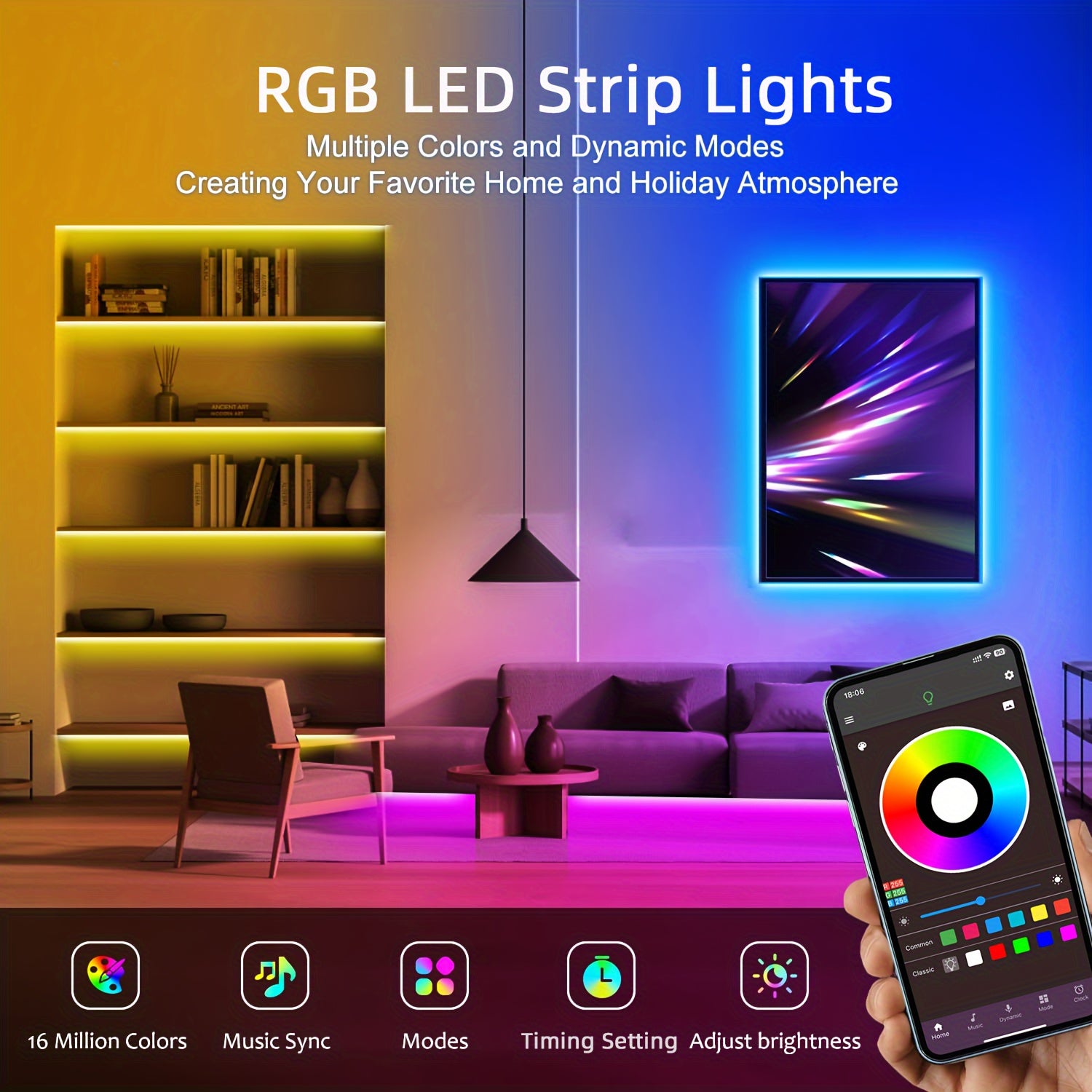 LED RGB Strip Lights 91cm-30m with Remote and App Control for Bedroom Home Decoration