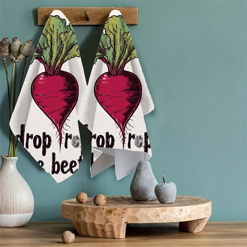 2 Pack Ultra Soft Polyester Kitchen Towels with Drop the Beet Design, Absorbent