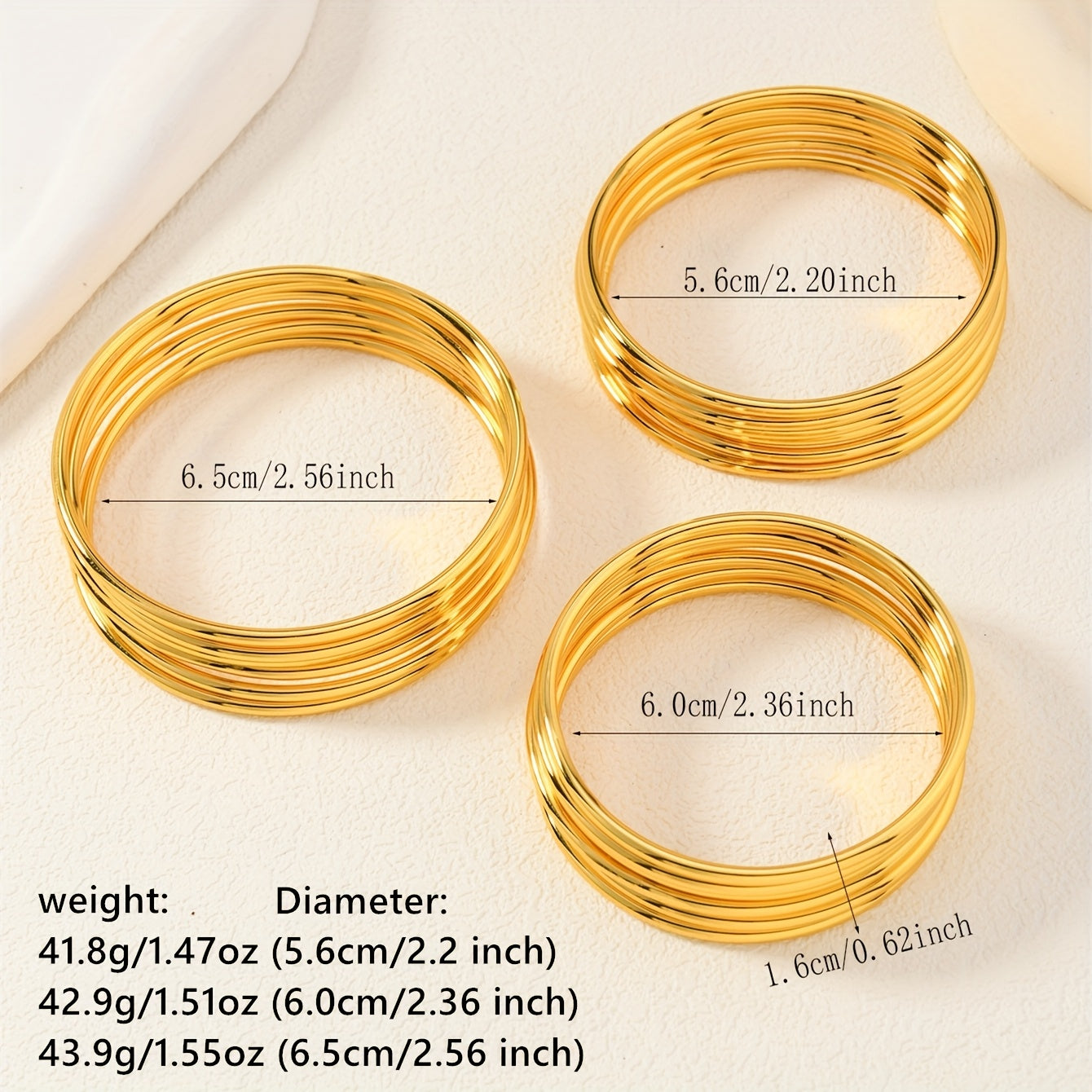 Set of 6 Gold-Plated Copper Bangles for Women Layered Shiny Jewelry for Weddings and Daily Wear