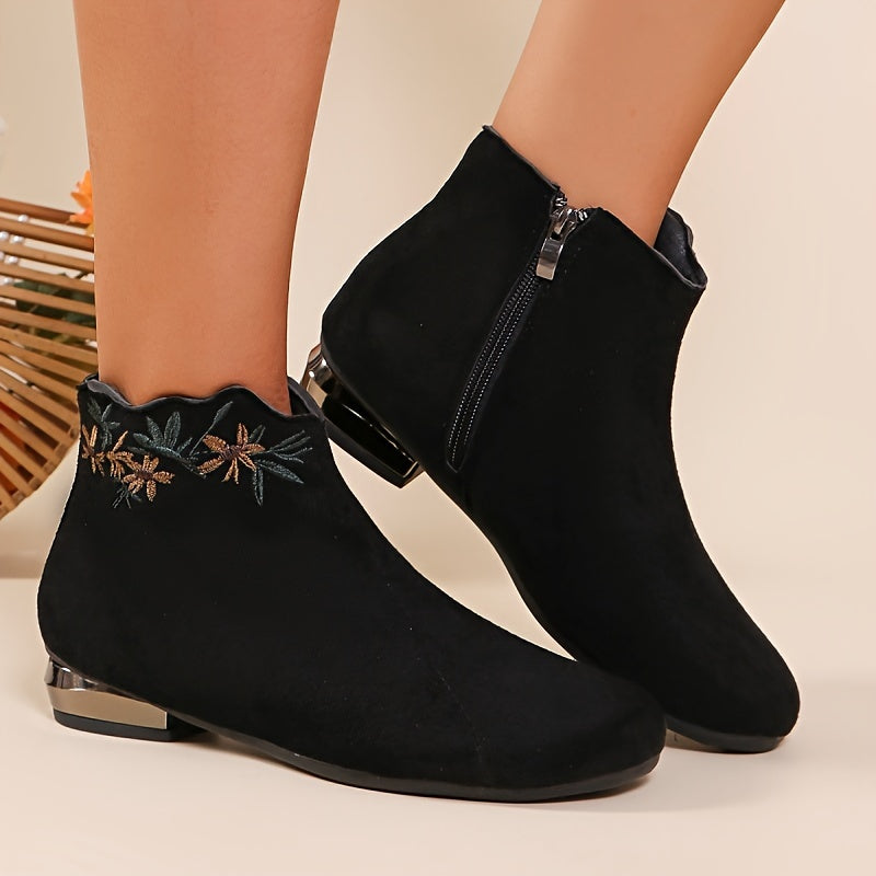 Women's Flannel Ankle Booties with Zipper & Embroidery Low Heel
