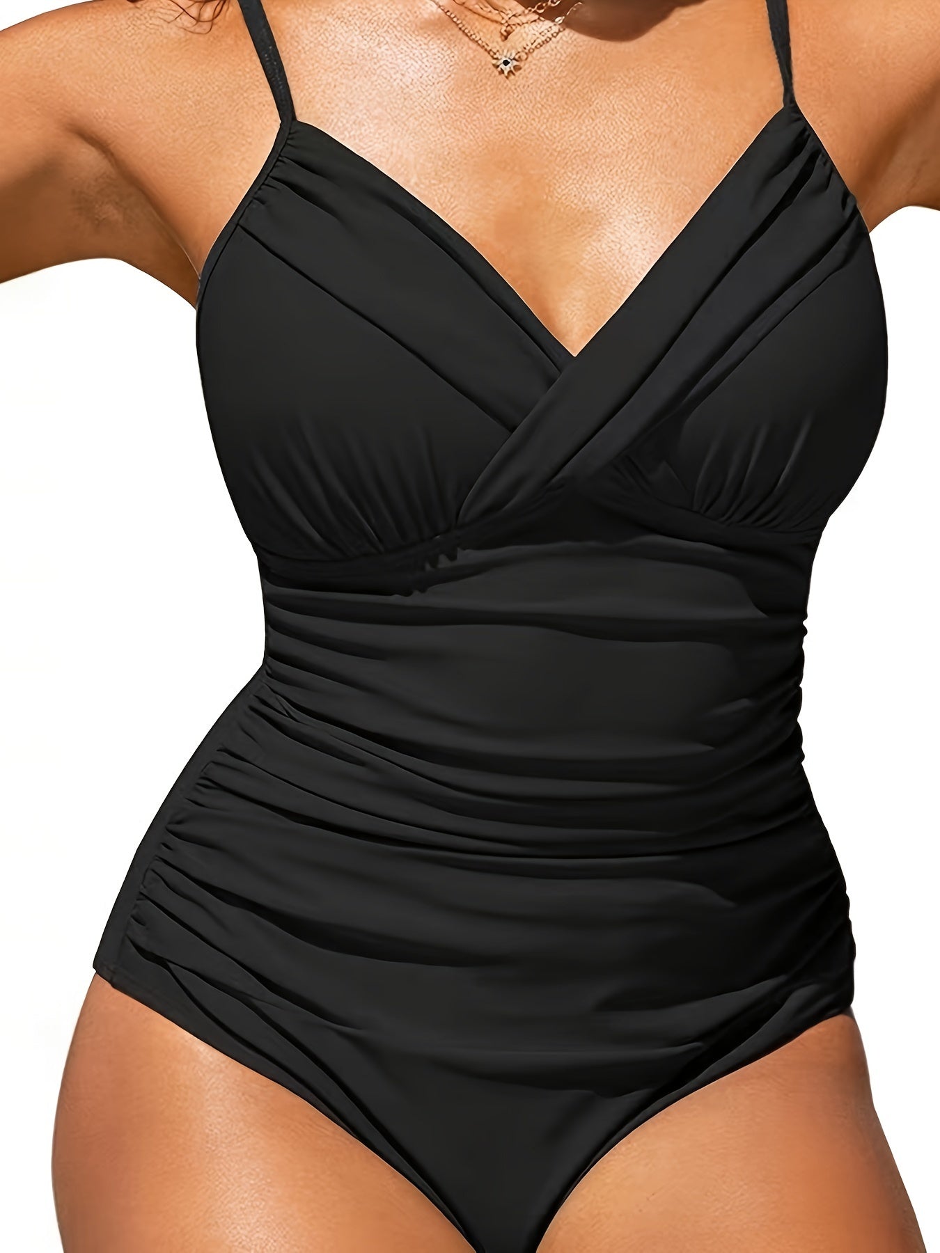 Women's Solid Color One-Piece Swimsuit with Ruched Cross Front and Push-Up Chest Pad