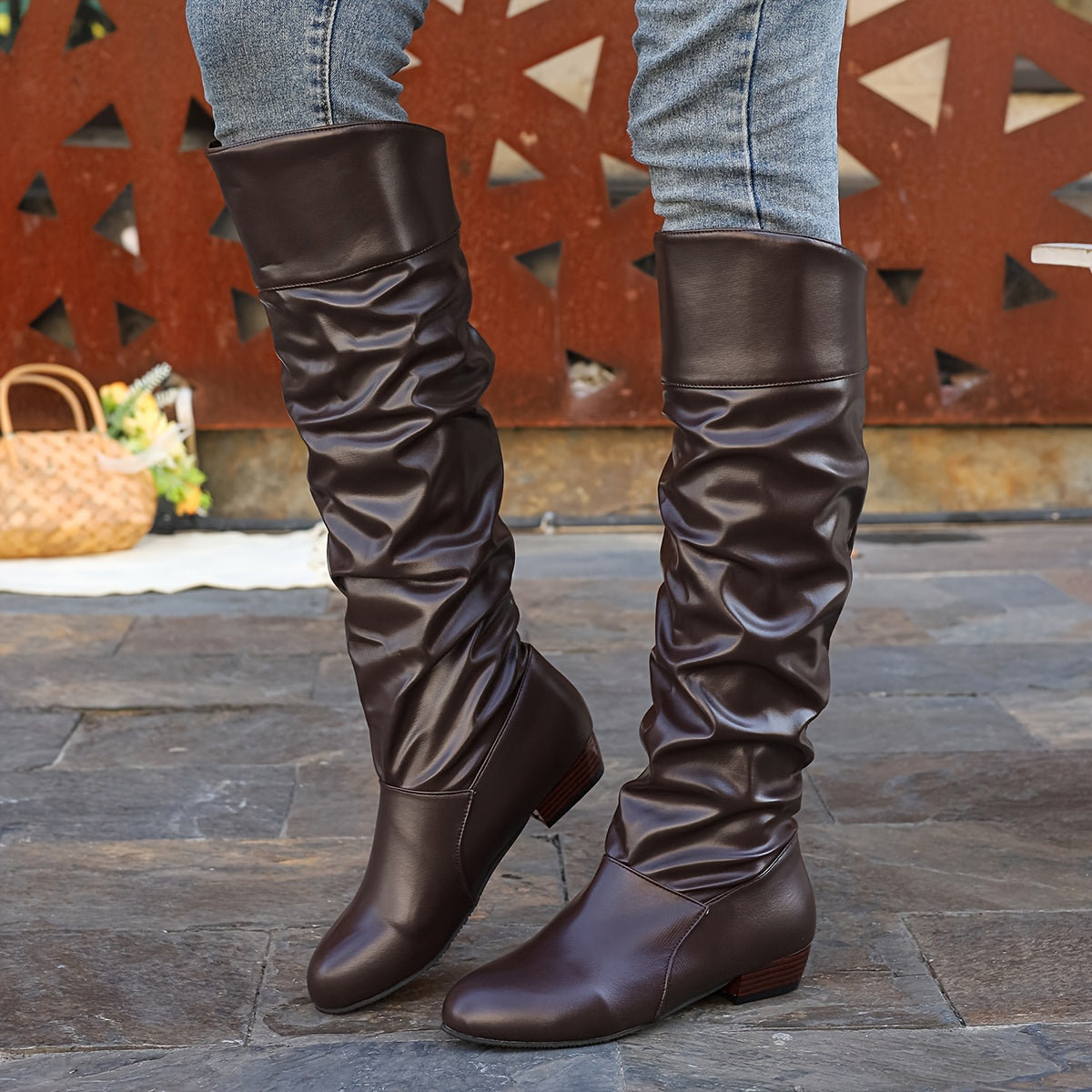 Women's Solid Color Chunky Heel High Knee Winter Boots
