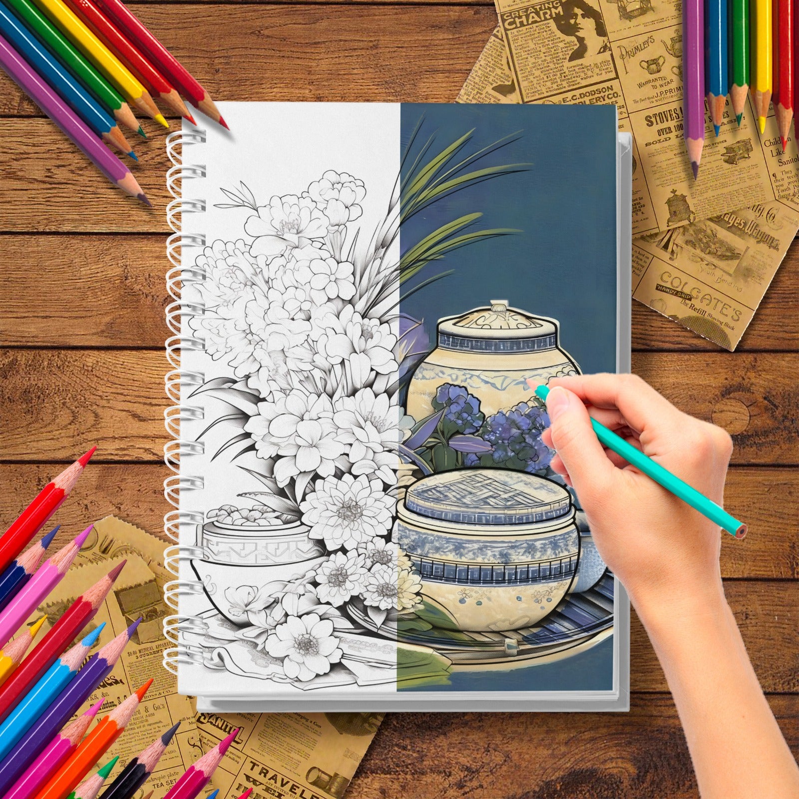 Adult Floral Coloring Book with Elegant Flower and Landscape Sketches for Relaxation