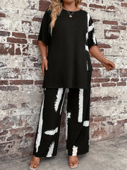 Plus Size Women's Woven Polyester Suit with Random Print and Asymmetrical Details