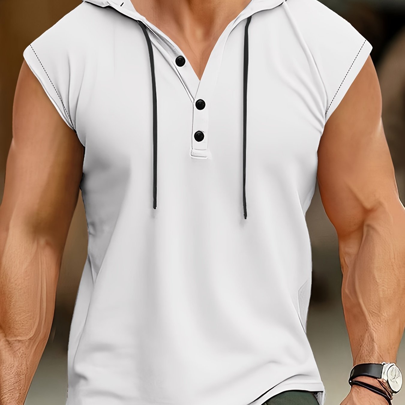 Men's Sleeveless Hooded Henley Shirt Polyester Summer Casual Sport Breathable Button-Detail