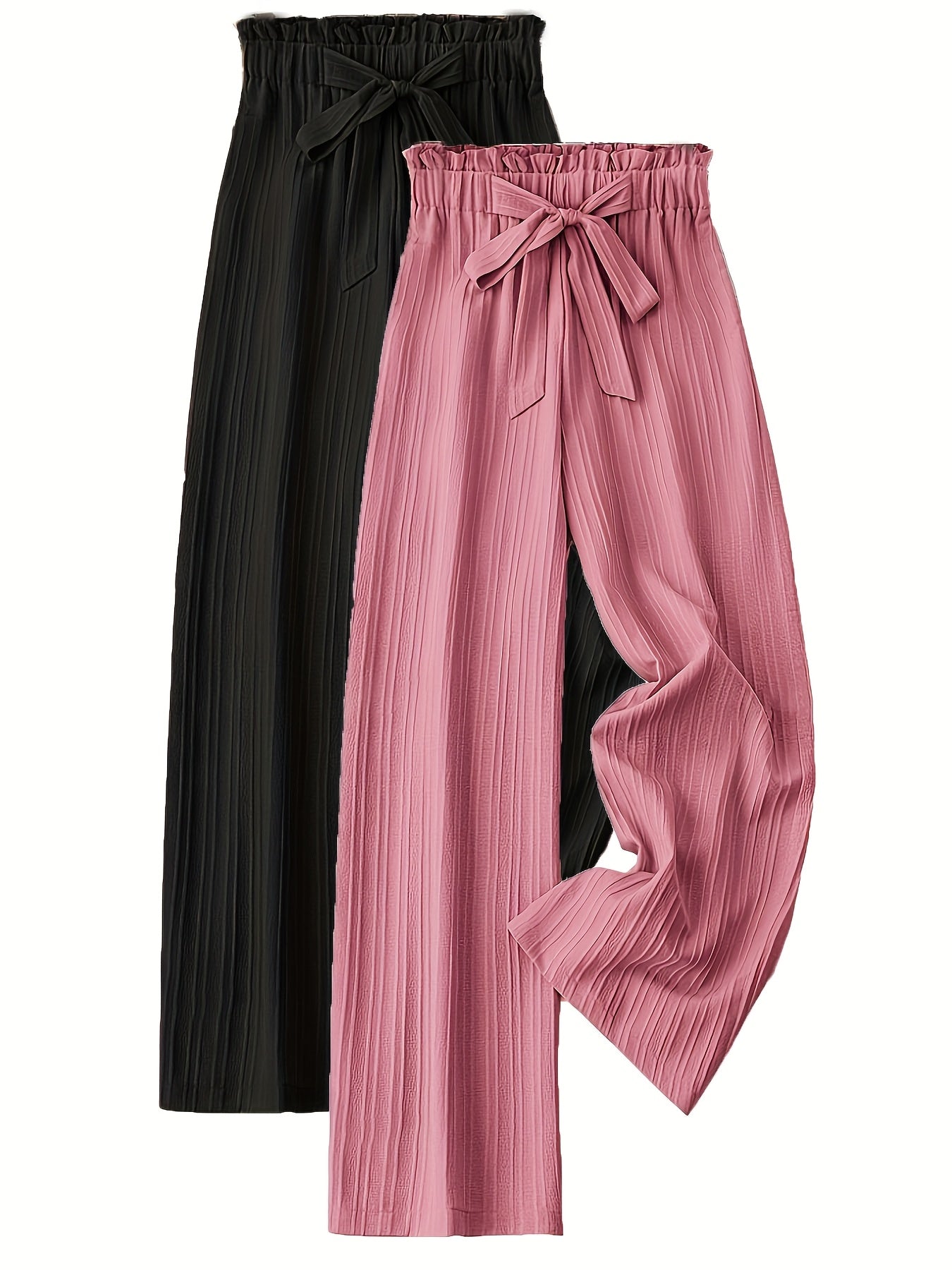 Women's Plus Size Striped Pleated Textured Long Pants Two Pack