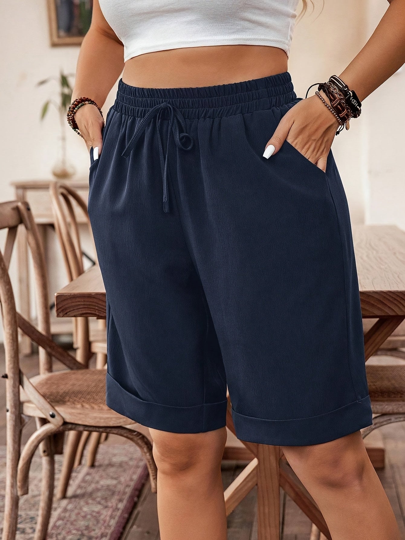 Women's Navy Blue Wide-Leg Lounge Shorts Drawstring Waist All-Season