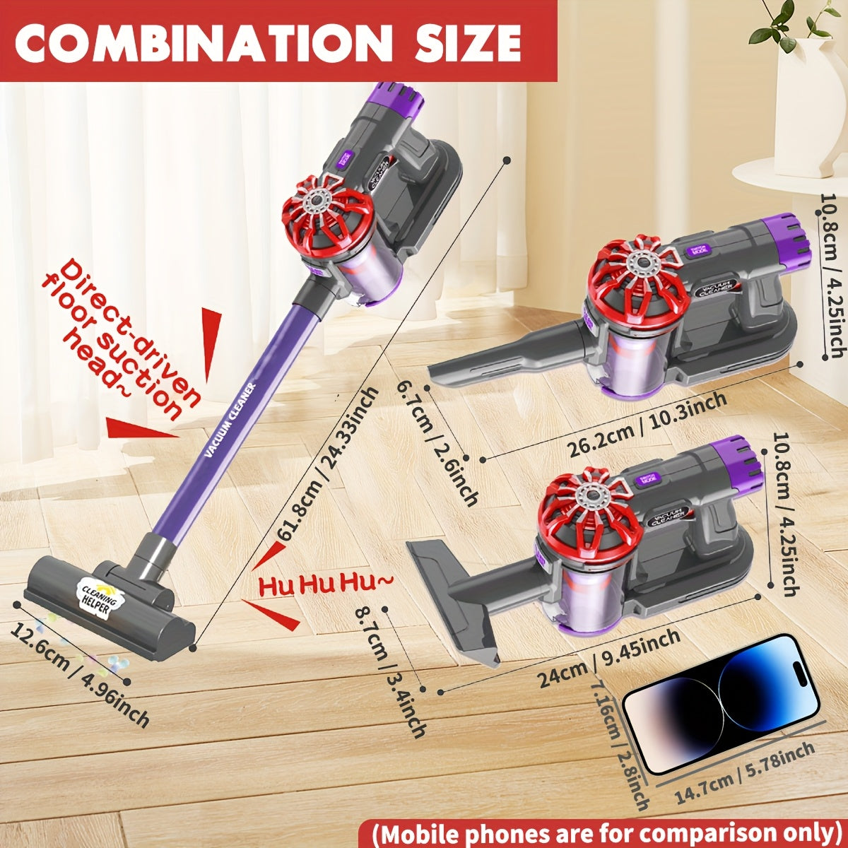 Kids 3-in-1 Cordless Vacuum Toy Set with Real Suction Power for Pretend Play