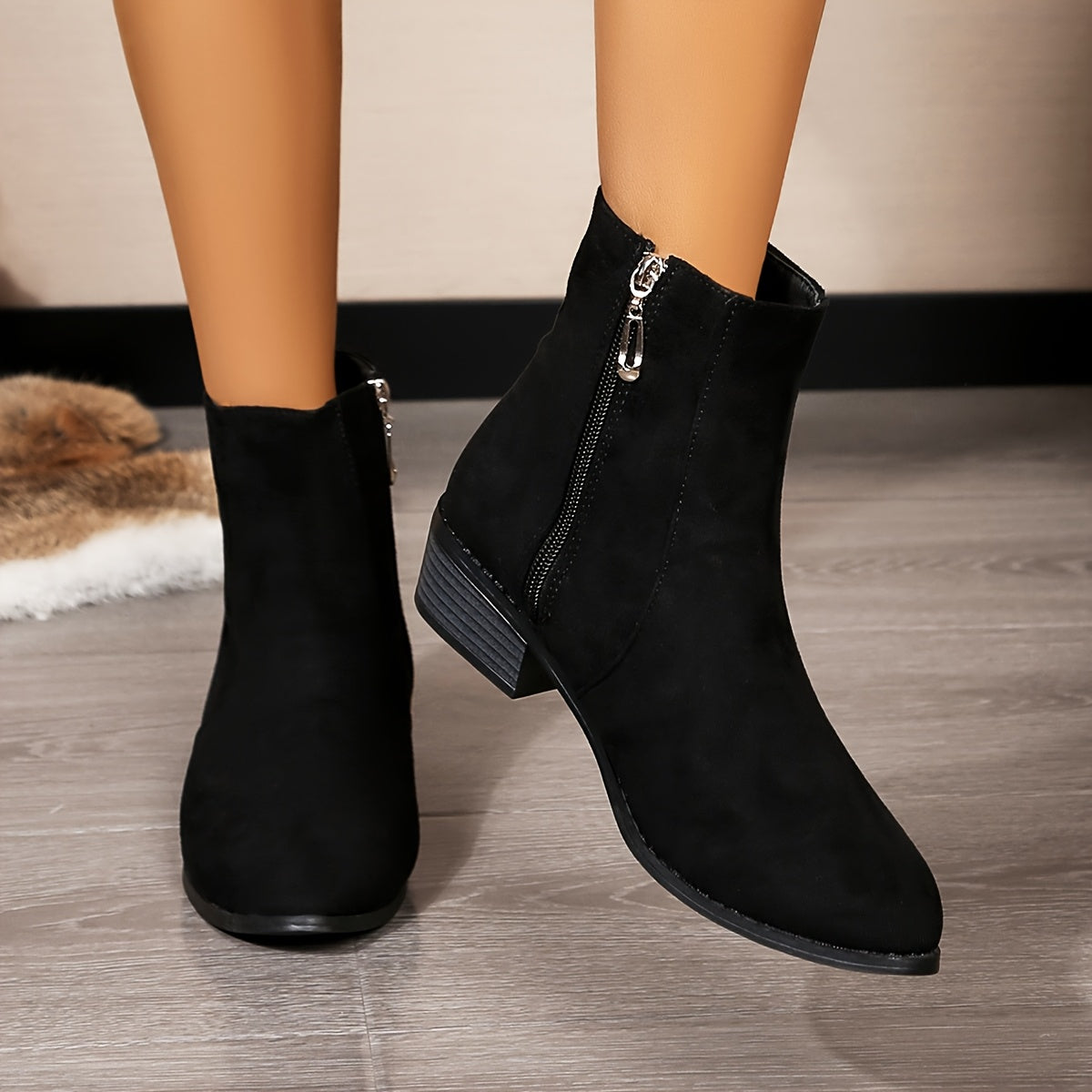 Women Solid Color Casual Ankle Boots Pointed Toe Zipper Block Heel