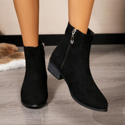 Women Solid Color Casual Ankle Boots Pointed Toe Zipper Block Heel