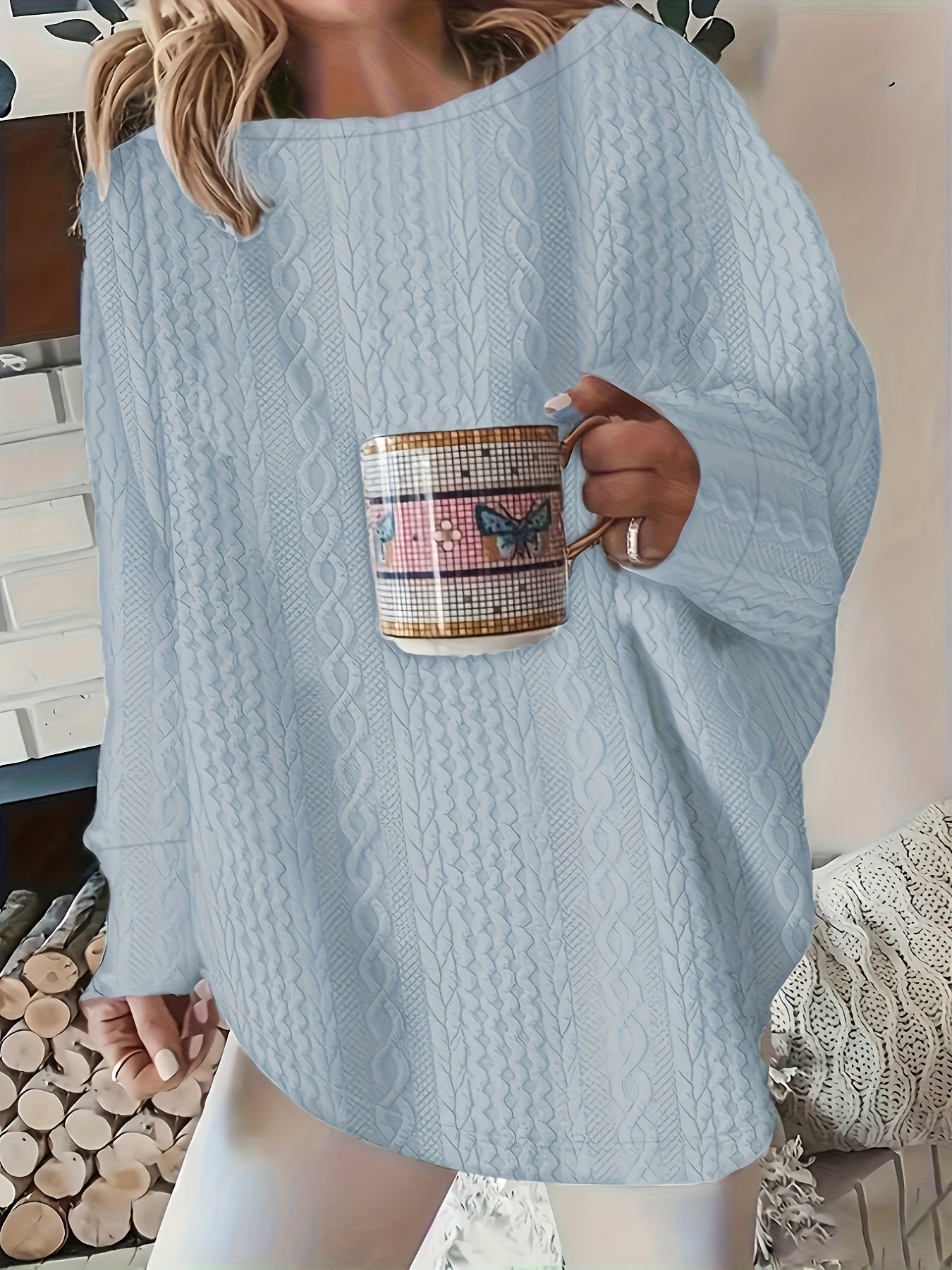 Plus Size Women's Cable Knit Long Sleeve T-Shirts Polyester Casual Pullover Top 3-Pack