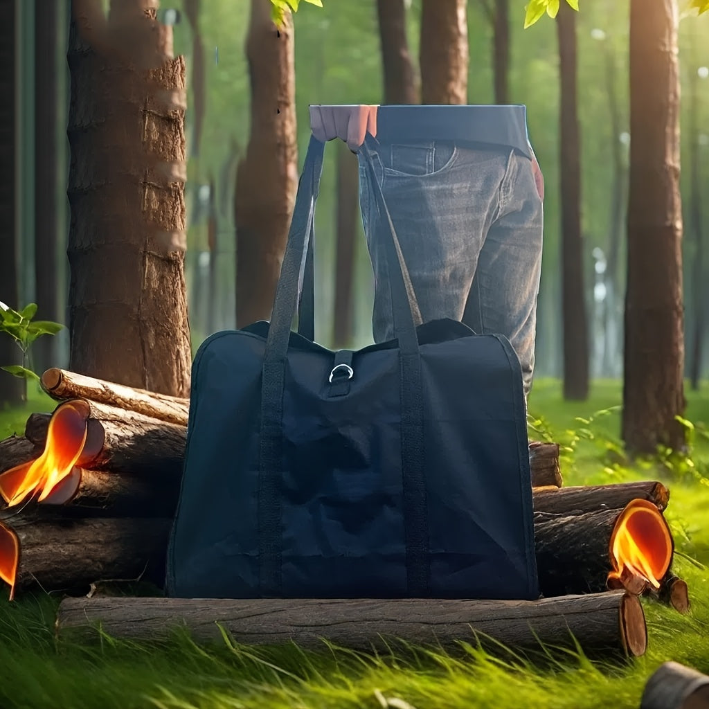 Canvas Firewood Carrier Bag with Leather Handles Large Capacity Indoor Outdoor Black