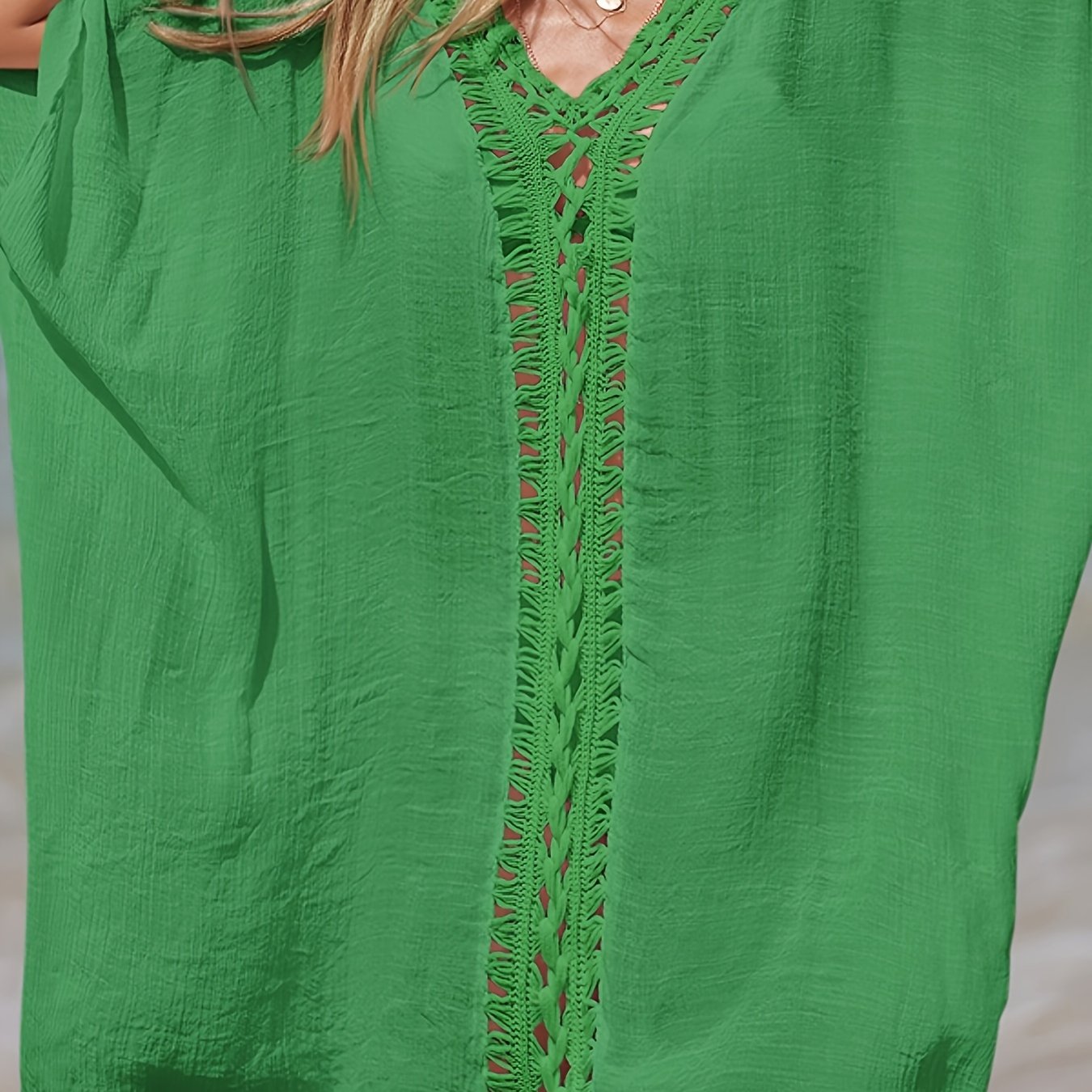 Women's Solid Color V Neck Crochet Trim Cover Up Dress for Beach Holiday