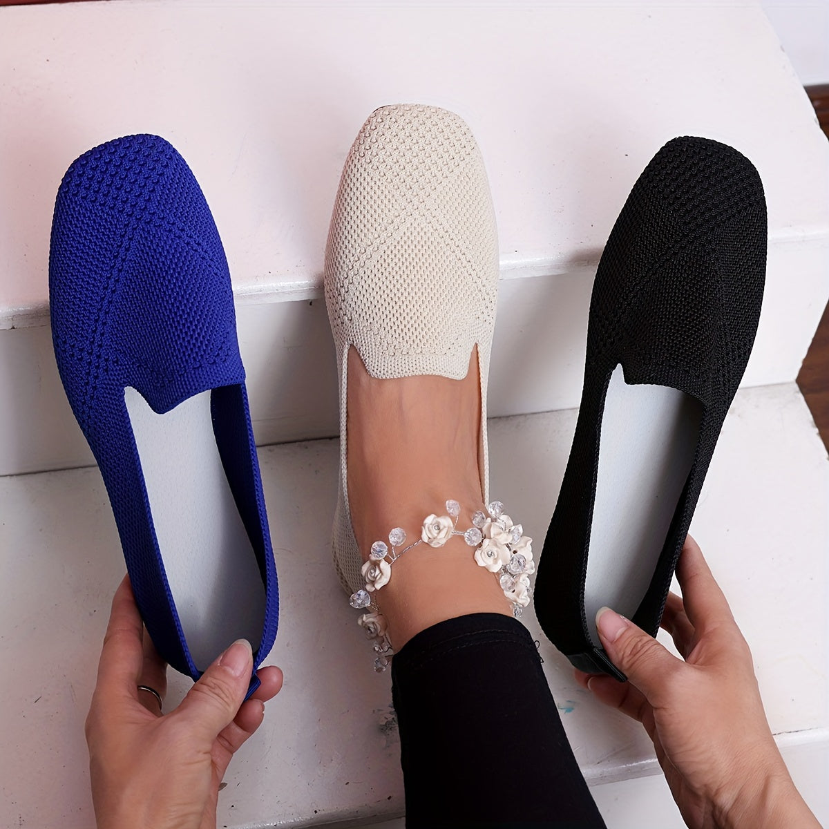 Women's Square Toe Slip-On Flats Breathable Fabric Casual Shoes