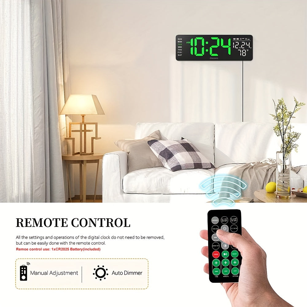 Large screen digital wall clock with indoor temperature date week display desk countdown timer 10-level brightness auto light LED dual alarm remote