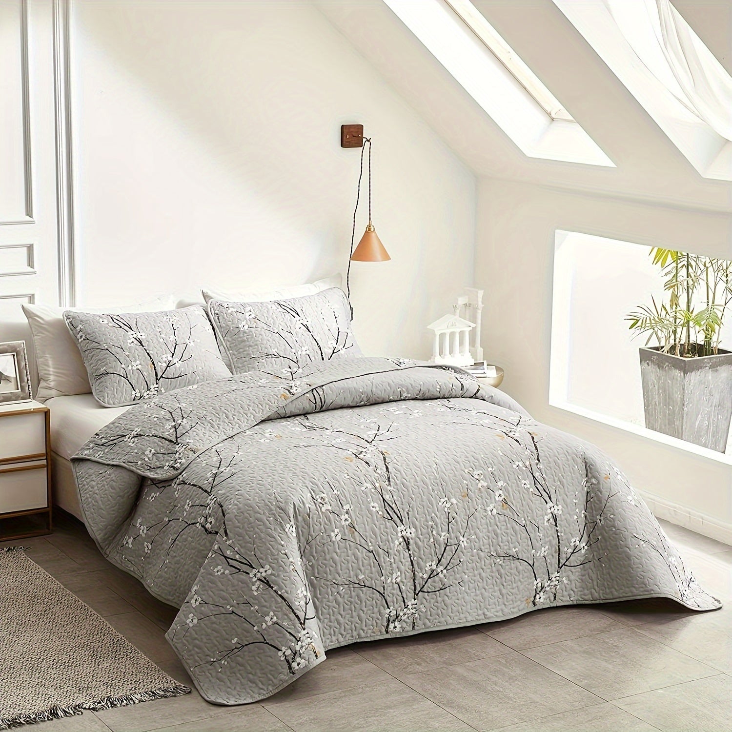 Elegant Plum Blossom Bedding Set 3 Pieces Quilt and Pillowcases Breathable Soft for All Seasons