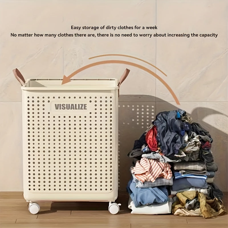 White Ceramic-Style Laundry Basket with Wheels Large Capacity Ventilated Portable