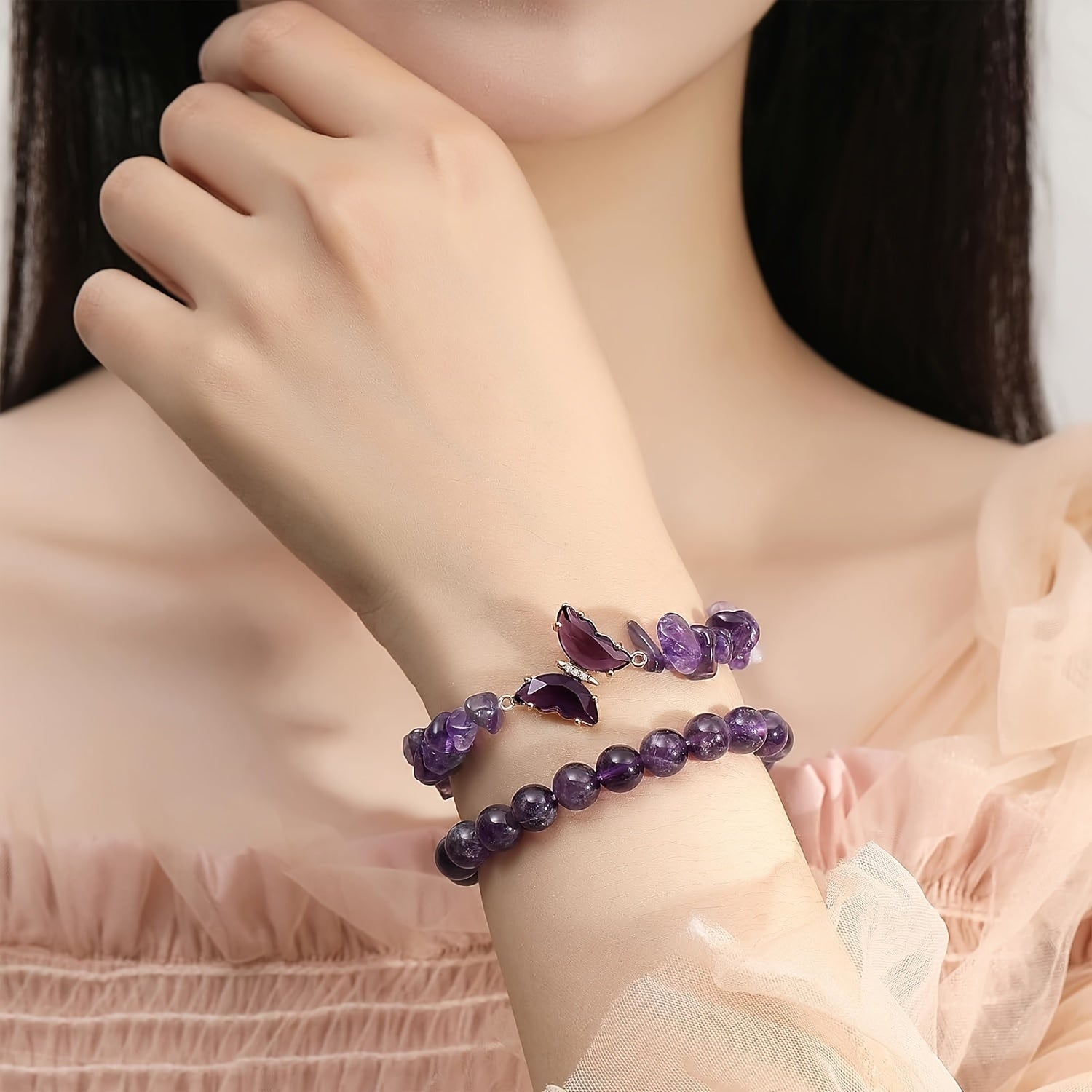 Amethyst Bead and Pebble Butterfly Bracelet for Women Trendy Hand Jewelry Gift
