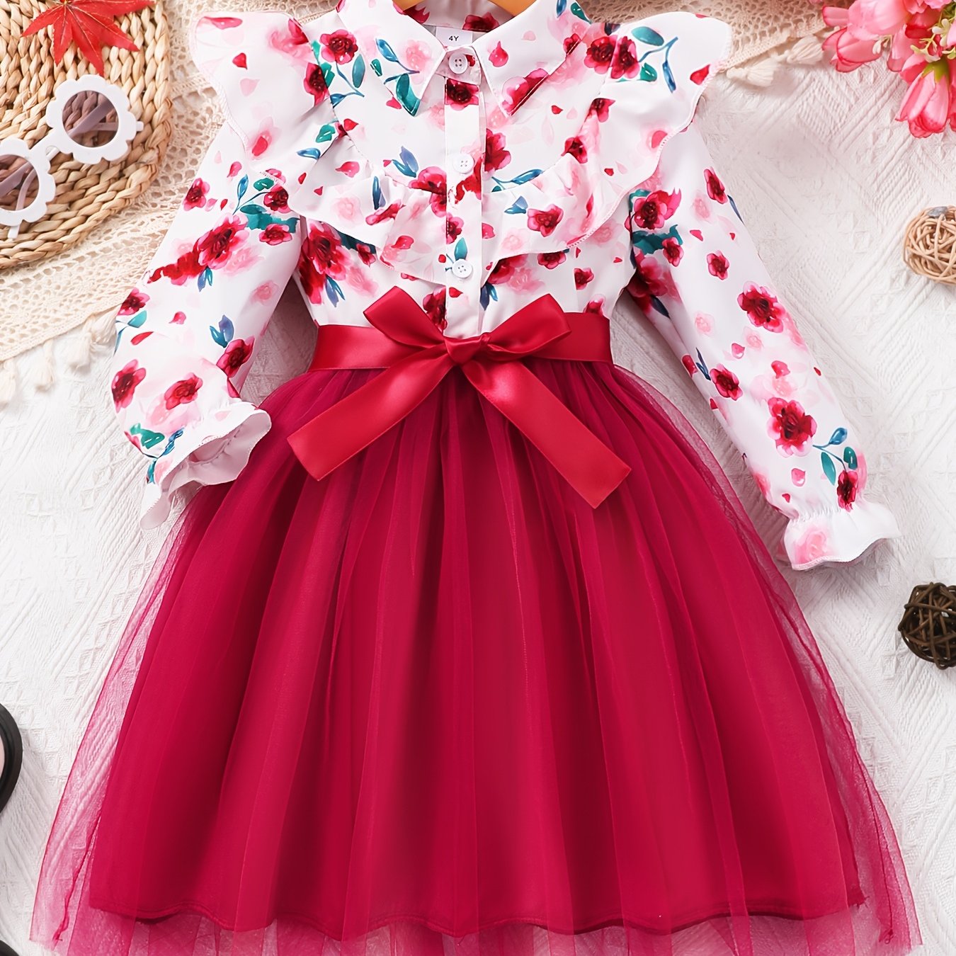 Girls' Long Sleeve Floral Ruffle Dress for Fall and Winter Holidays