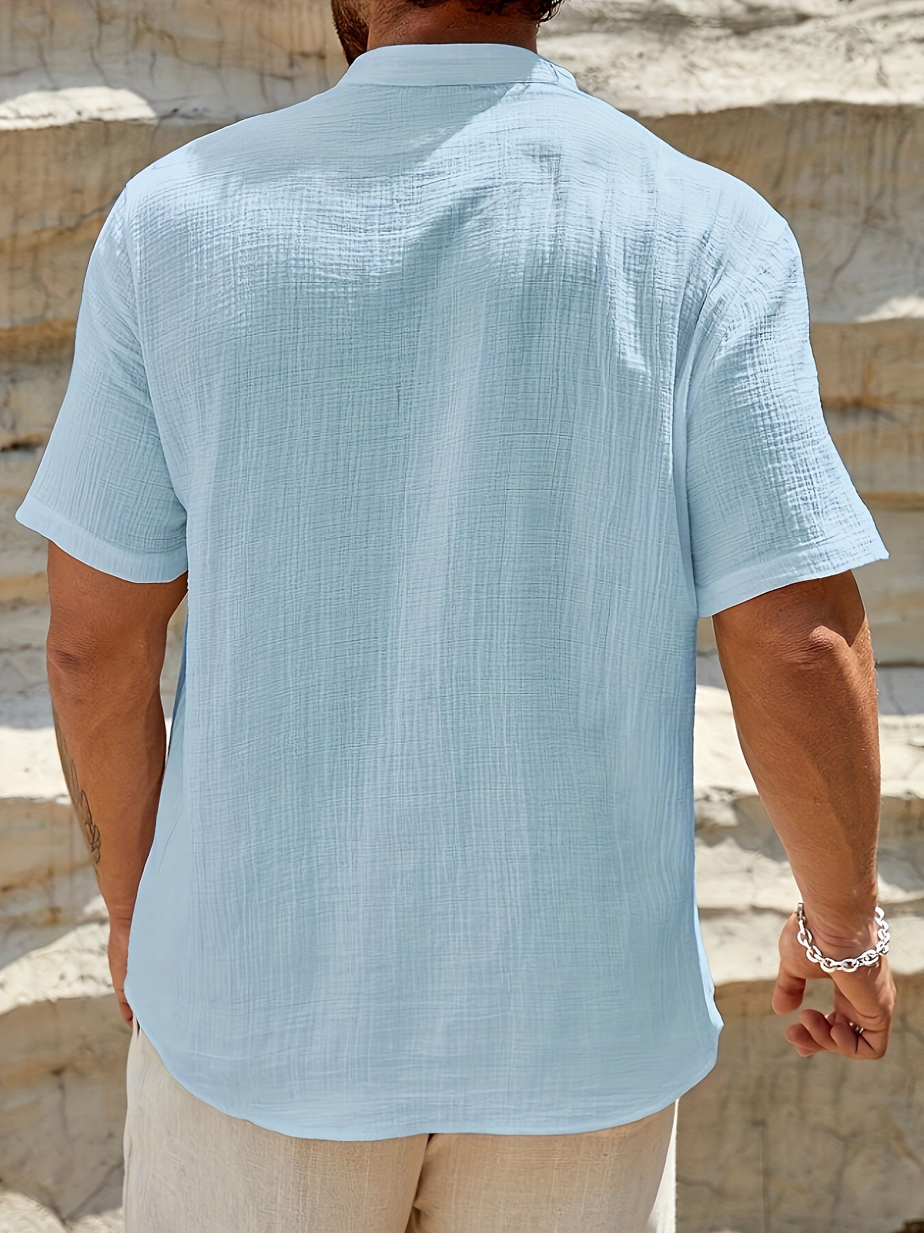 Men's Plus Size Cotton Shirt with Stand Collar for Summer Casual