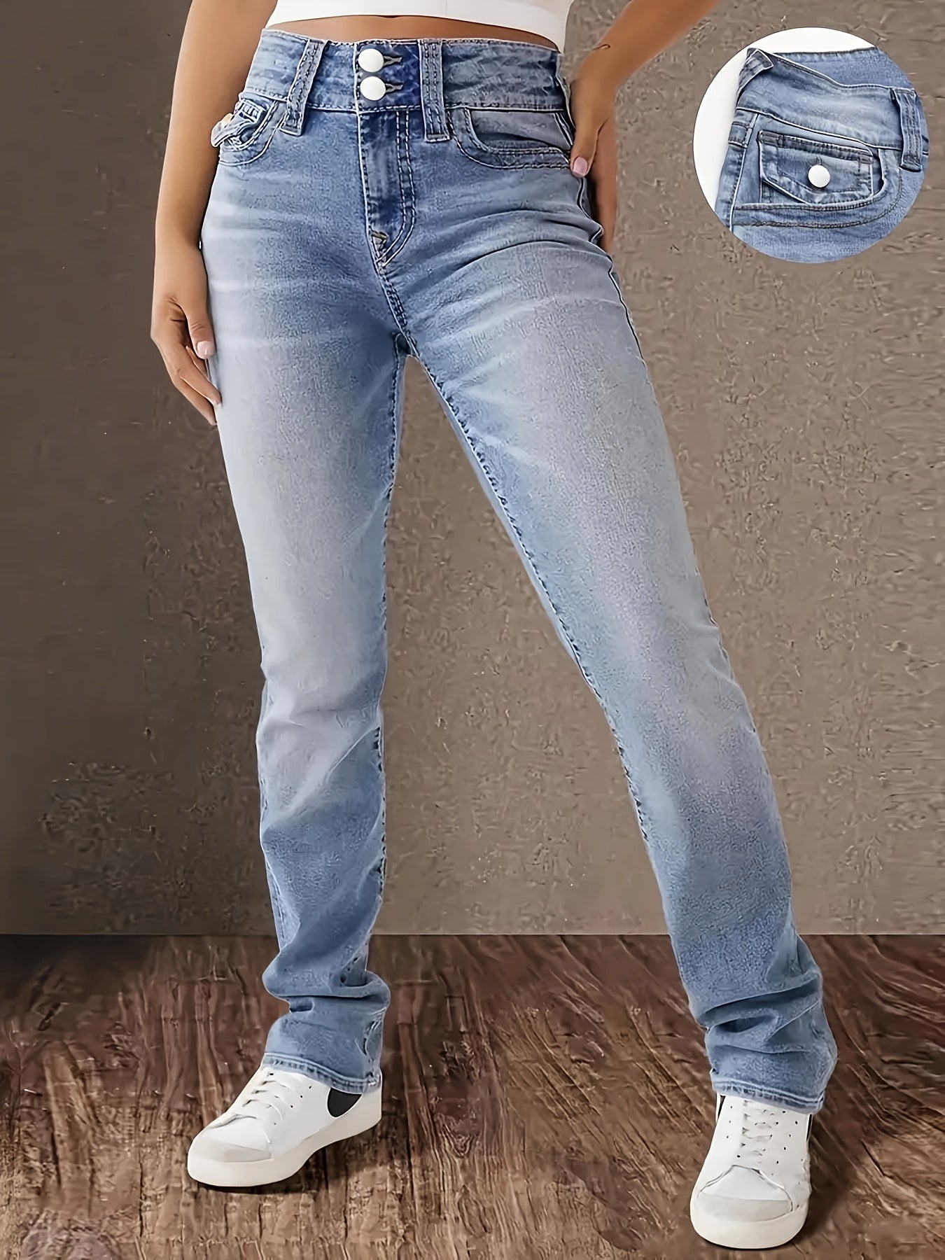 Women's Denim Jeans Washed Blue Plus Size Stretchy Casual Pants