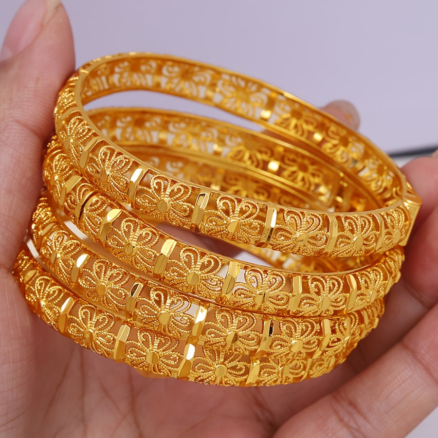 Vintage Boho uslubidagi bangle bilaguzuk, 3D gullar o'yilgan - to'ylar va partiyalar uchun ideal, mis va sun'iy toshlardan tayyorlangan, nafislikni tarqatadi.