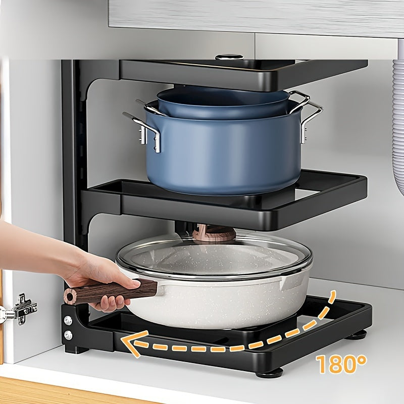 Регулируемая полка для кухонных кастрюль с 3 уровнями — открытая конструкция для легкого доступа, простая установка и надежное решение для хранения вашей посуды.