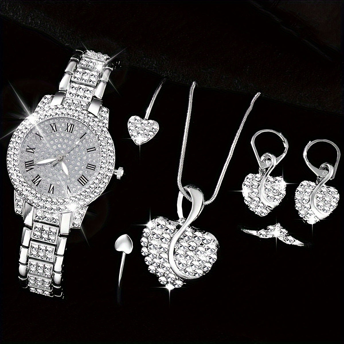 Set of 6 Women's Luxury Rhinestone Quartz Watches with Roman Dial and Heart Jewelry