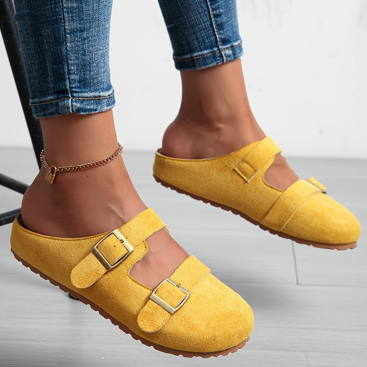 Women's Pink Slip-On Mules with EVA Sole and Gold Buckle Straps