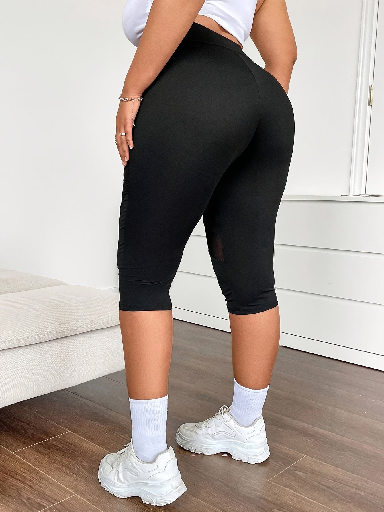 Plus Size Womens High-Waisted Mesh Panel Capri Leggings Black Breathable Summer Activewear